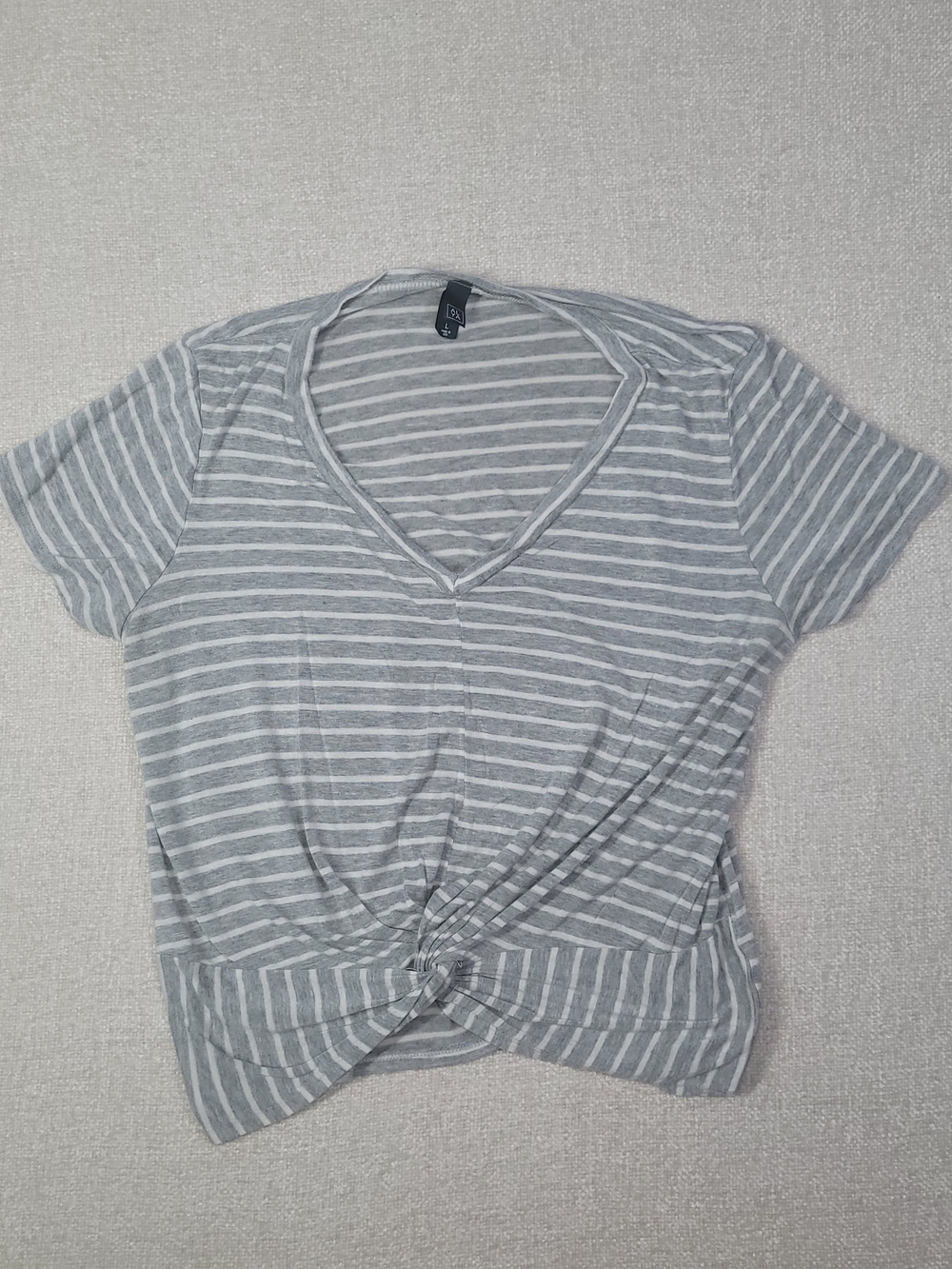 Alya Gray & White Striped V-Neck Twist-Hem Tee